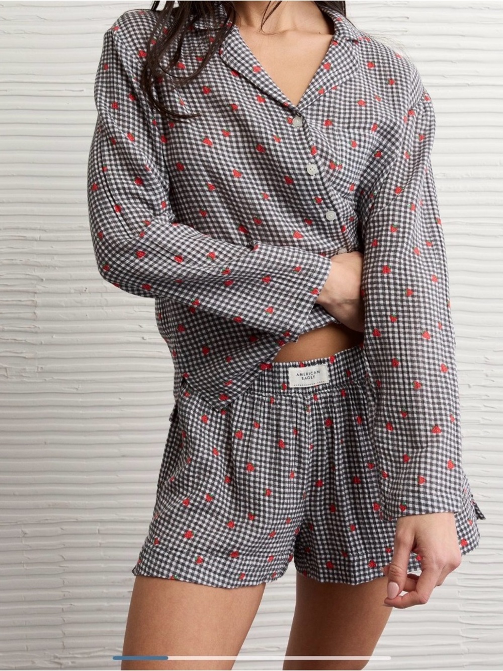 American Eagle Outfitters Black & White Pajama Set with Red strawberry Print